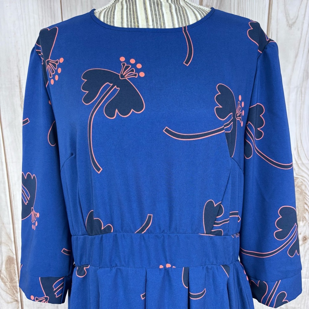 New Floral Midi Dress 3/4 Sleeves Pockets Evening Flare Pleated Blue Size XXL - Picture 3 of 15